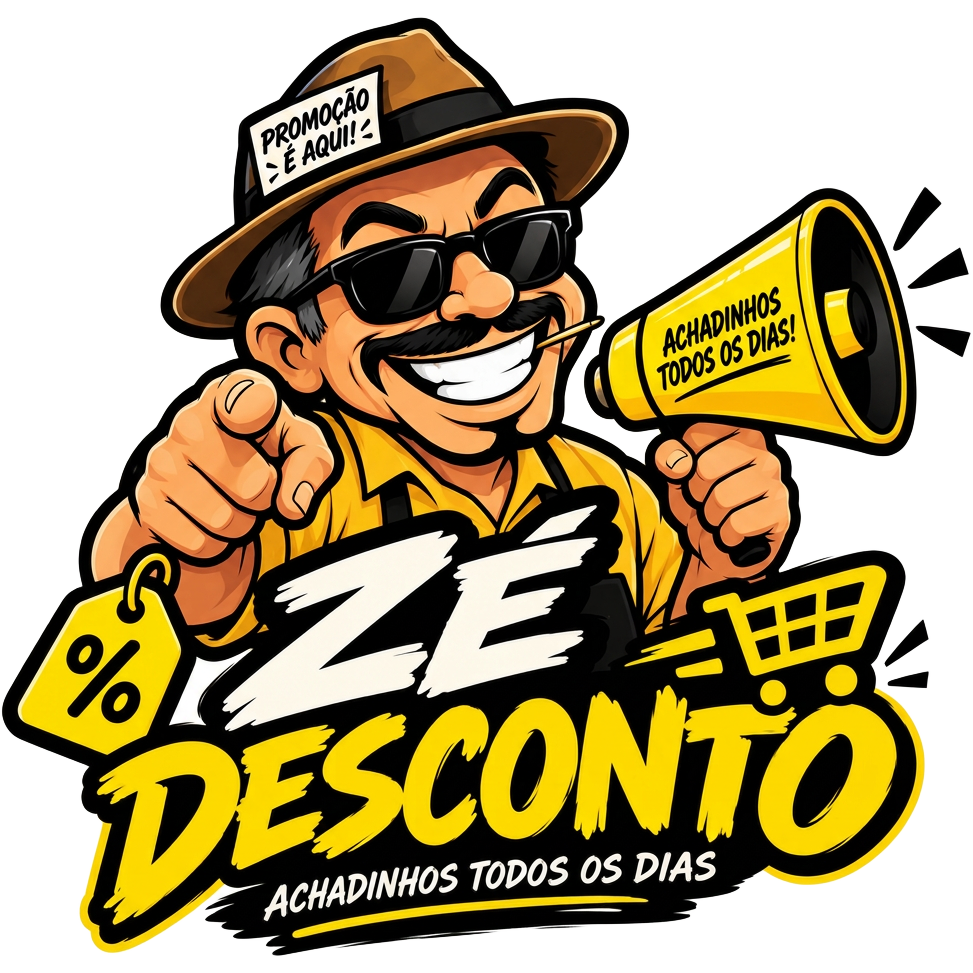 Zé Desconto, mascote com megafone anunciando achadinhos